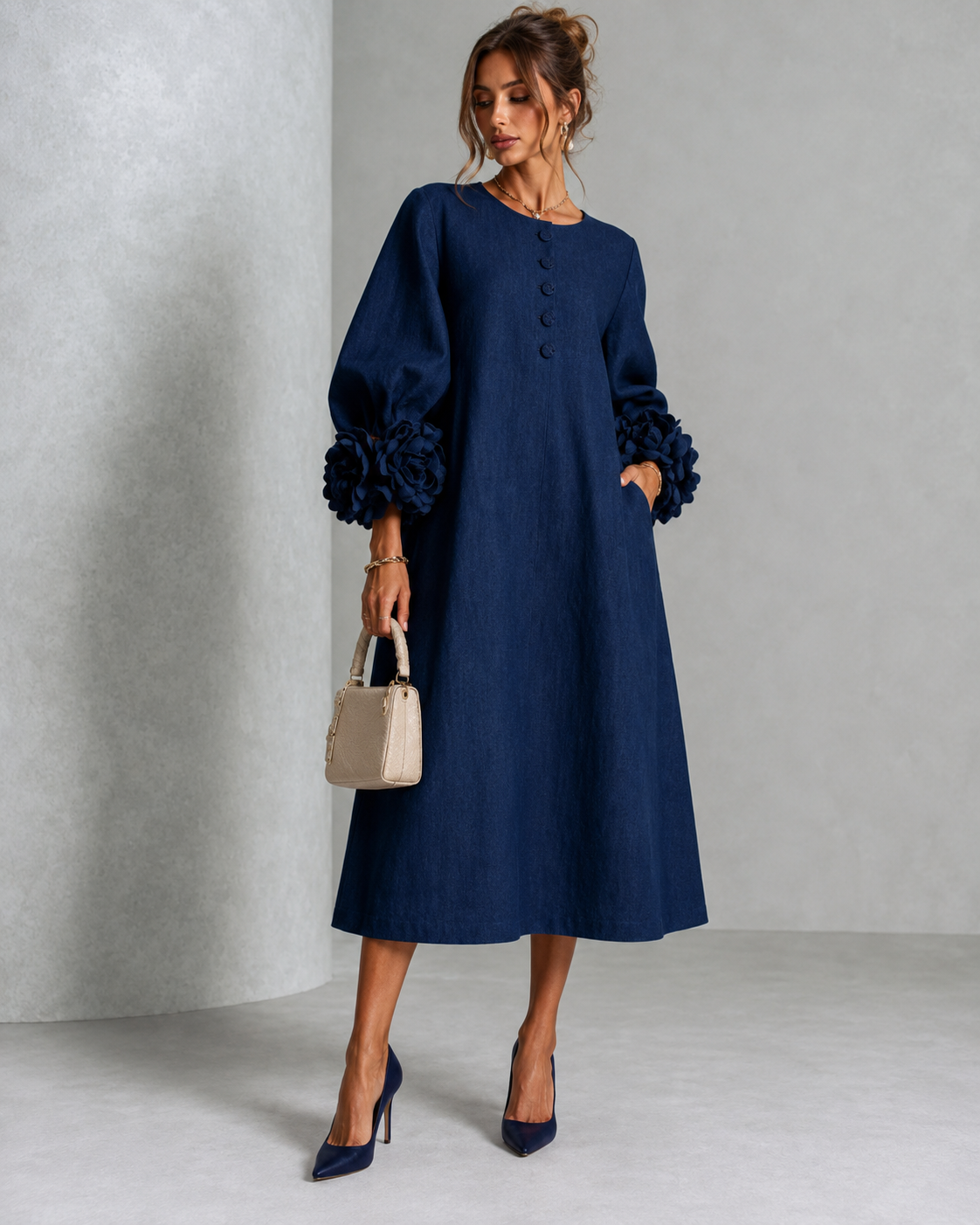 Lily™ | Elegant Tummy-Flattering Midi Dress with Floral Sleeves