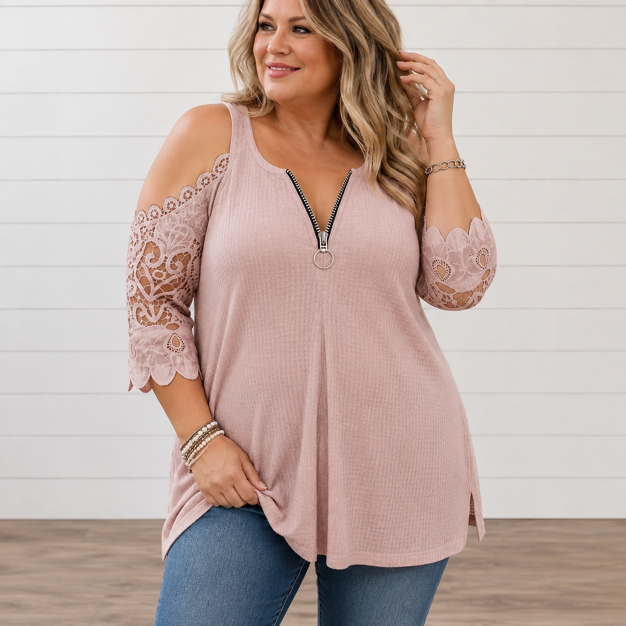 Brooklyn™ | Elegant Tummy-Flattering Lace Off-Shoulder Top with Zip