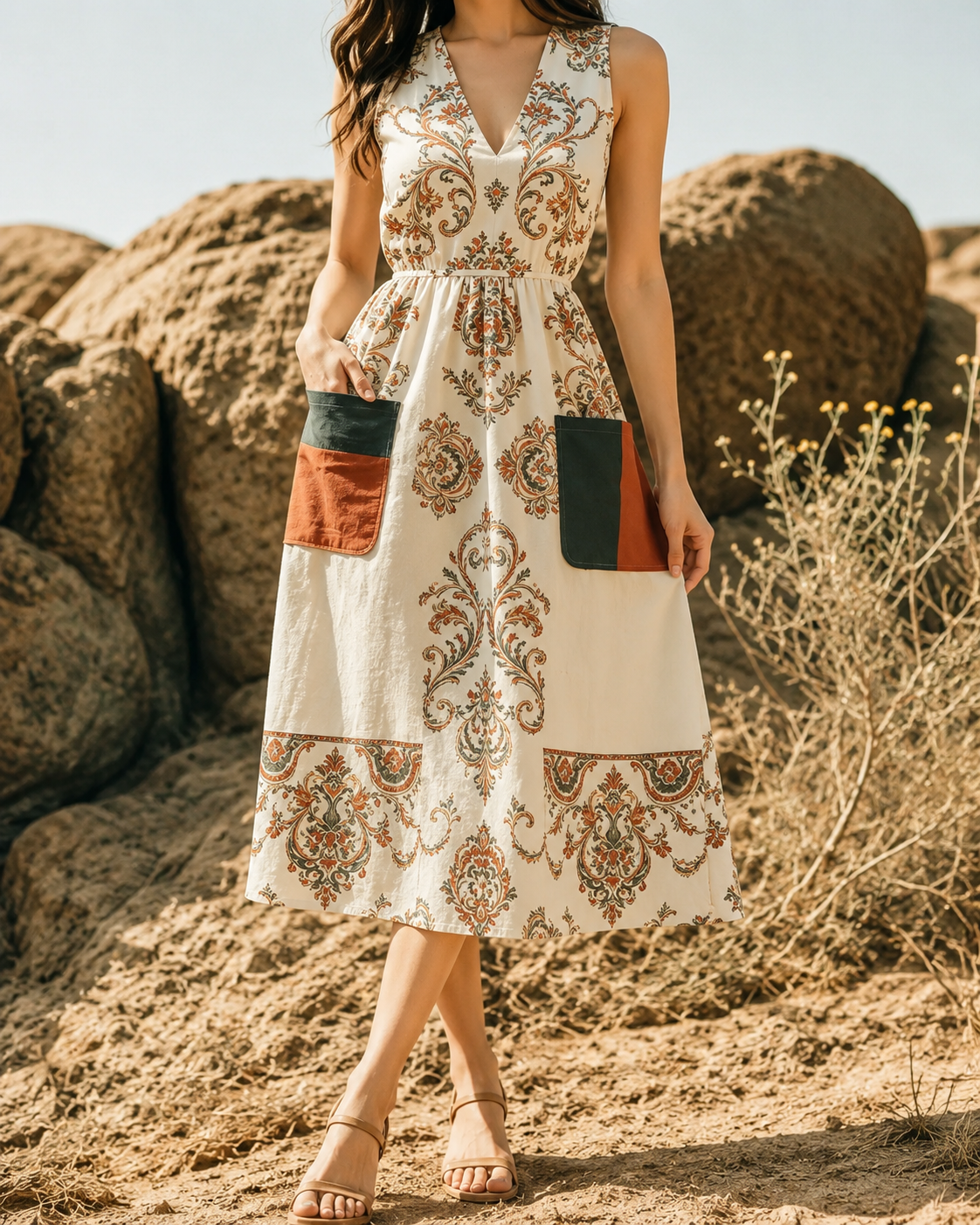 Paisley™ | Vintage Patchwork Tummy-Flattering Midi Dress