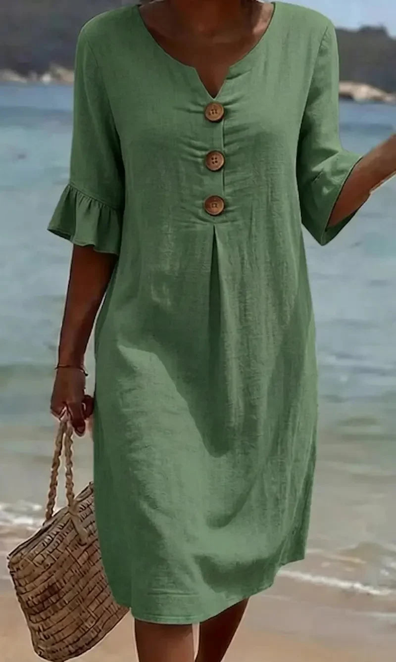 Vanesa™ | Linen Texture Dress with Puff Sleeves and Buttons
