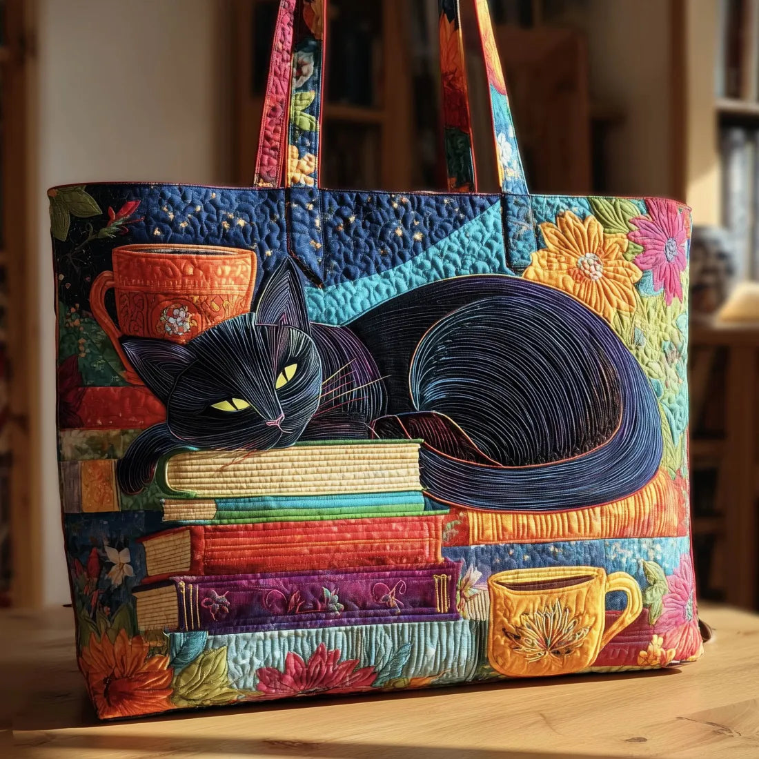 Chat Noir Artisan Tote Bag with Books and Mugs