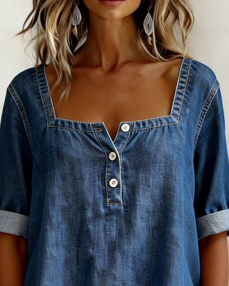 Avélia™ | Square Collar Denim Shirt