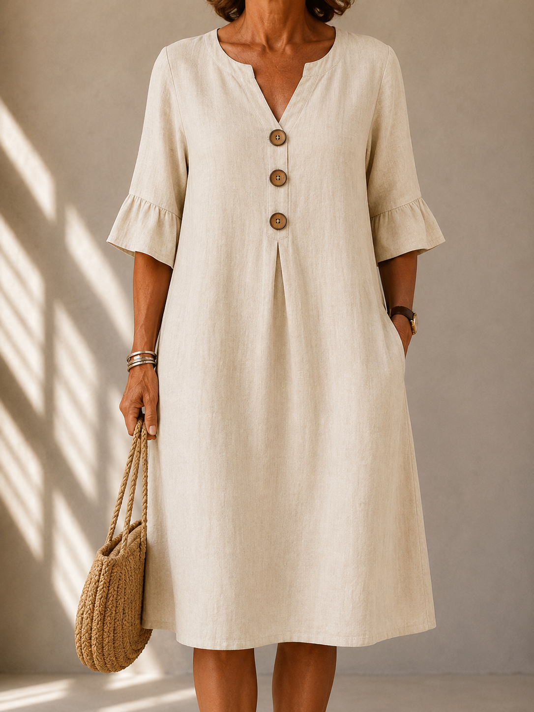 Leah™ | Tummy-Flattering Midi Dress with Buttons