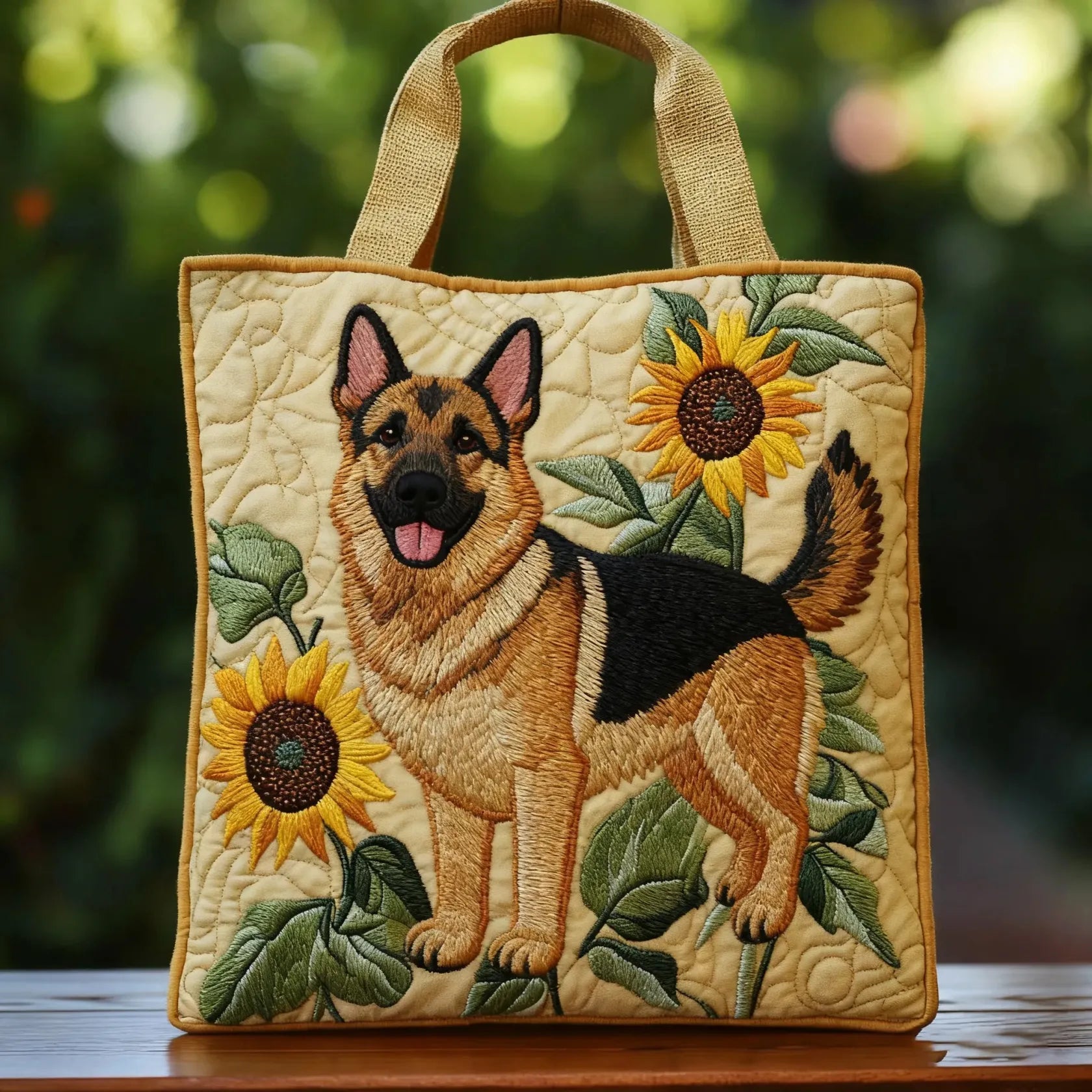Handmade Floral Tote Bag with German Shepherd