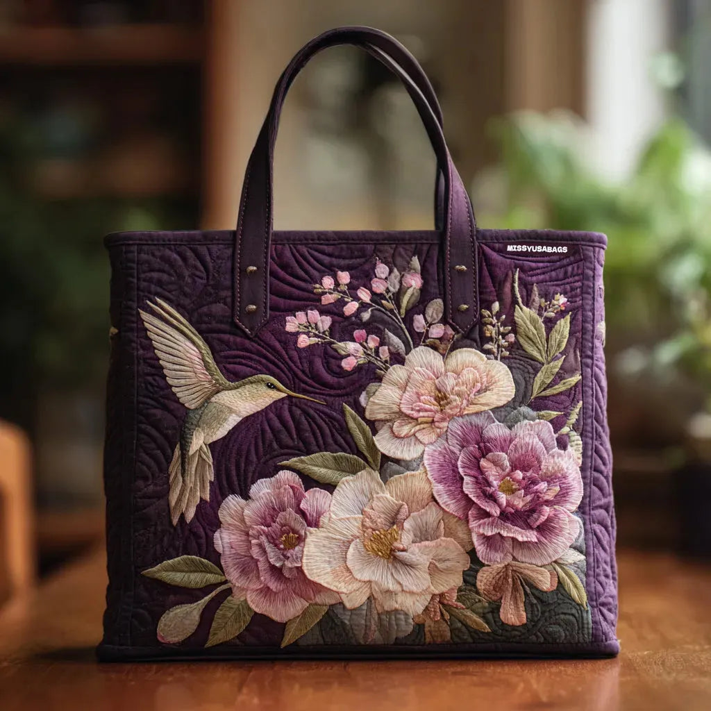 Handmade Purple Padded Bag with Hummingbirds and Orchids