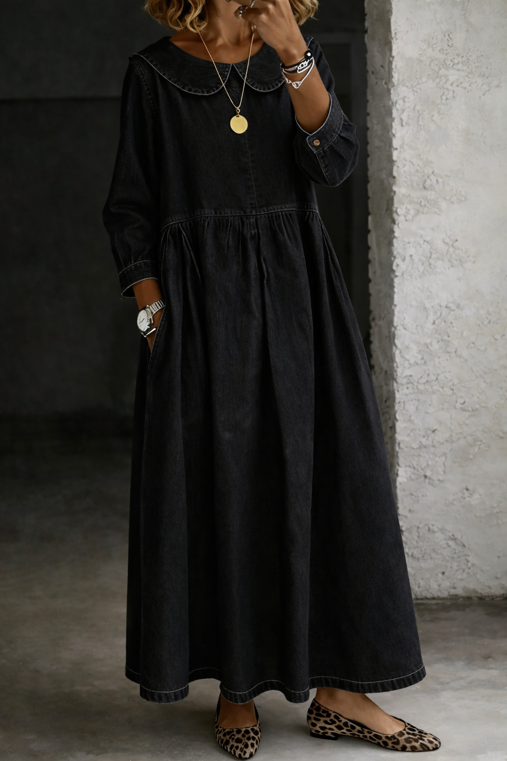 Clara™ | Denim Dress with Peter Pan Collar