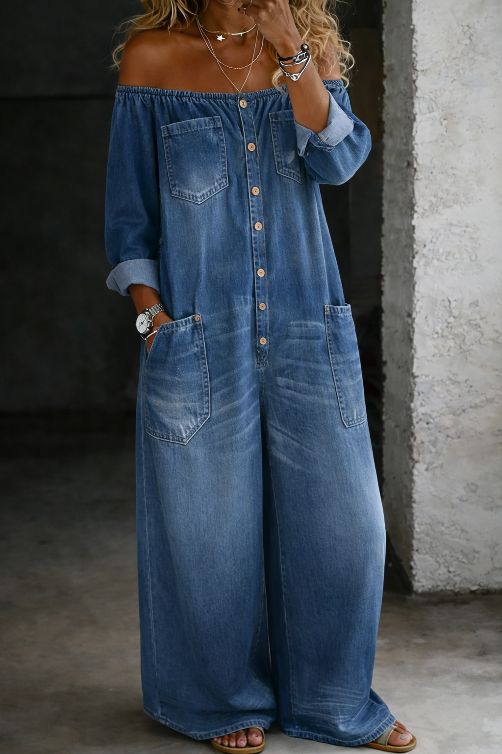 Elena™ | Denim Jumpsuit with Off-the-Shoulder Design