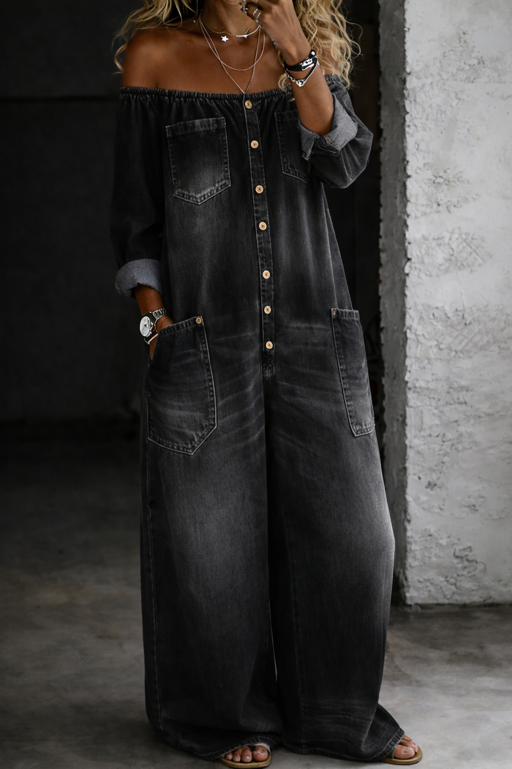 Elena™ | Denim Jumpsuit with Off-the-Shoulder Design
