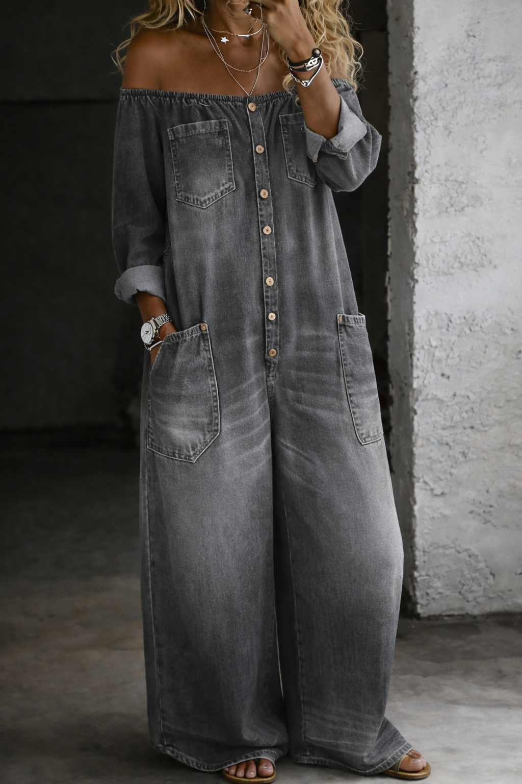 Elena™ | Denim Jumpsuit with Off-the-Shoulder Design