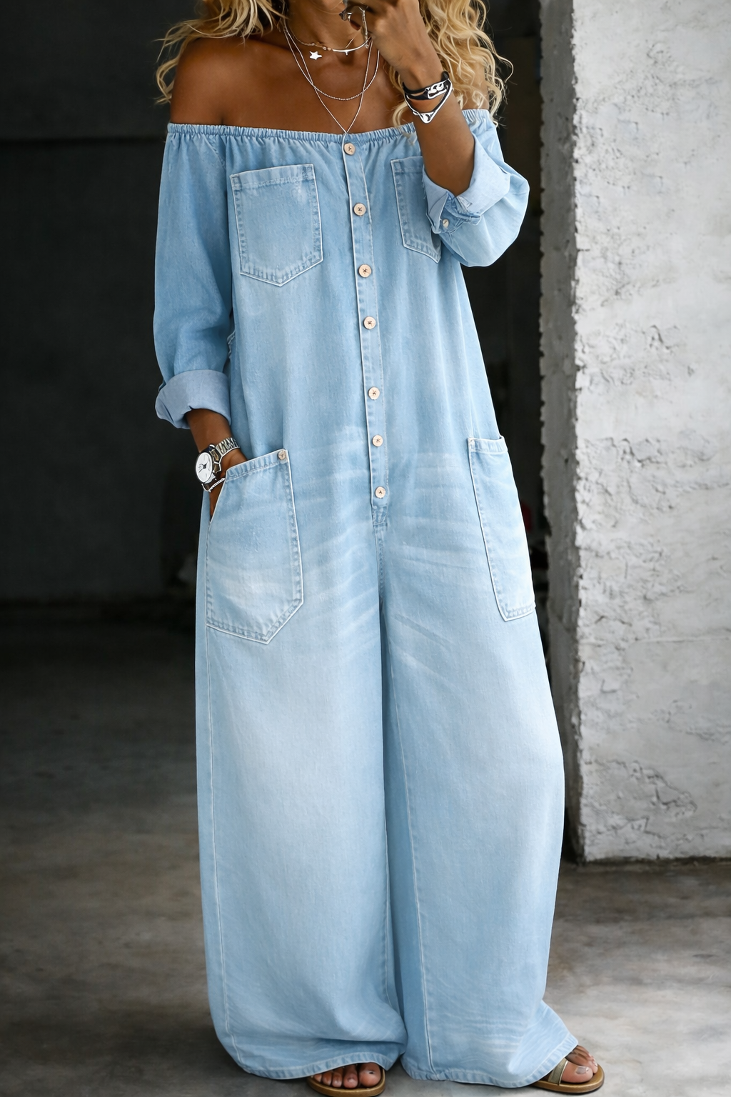 Elena™ | Denim Jumpsuit with Off-the-Shoulder Design
