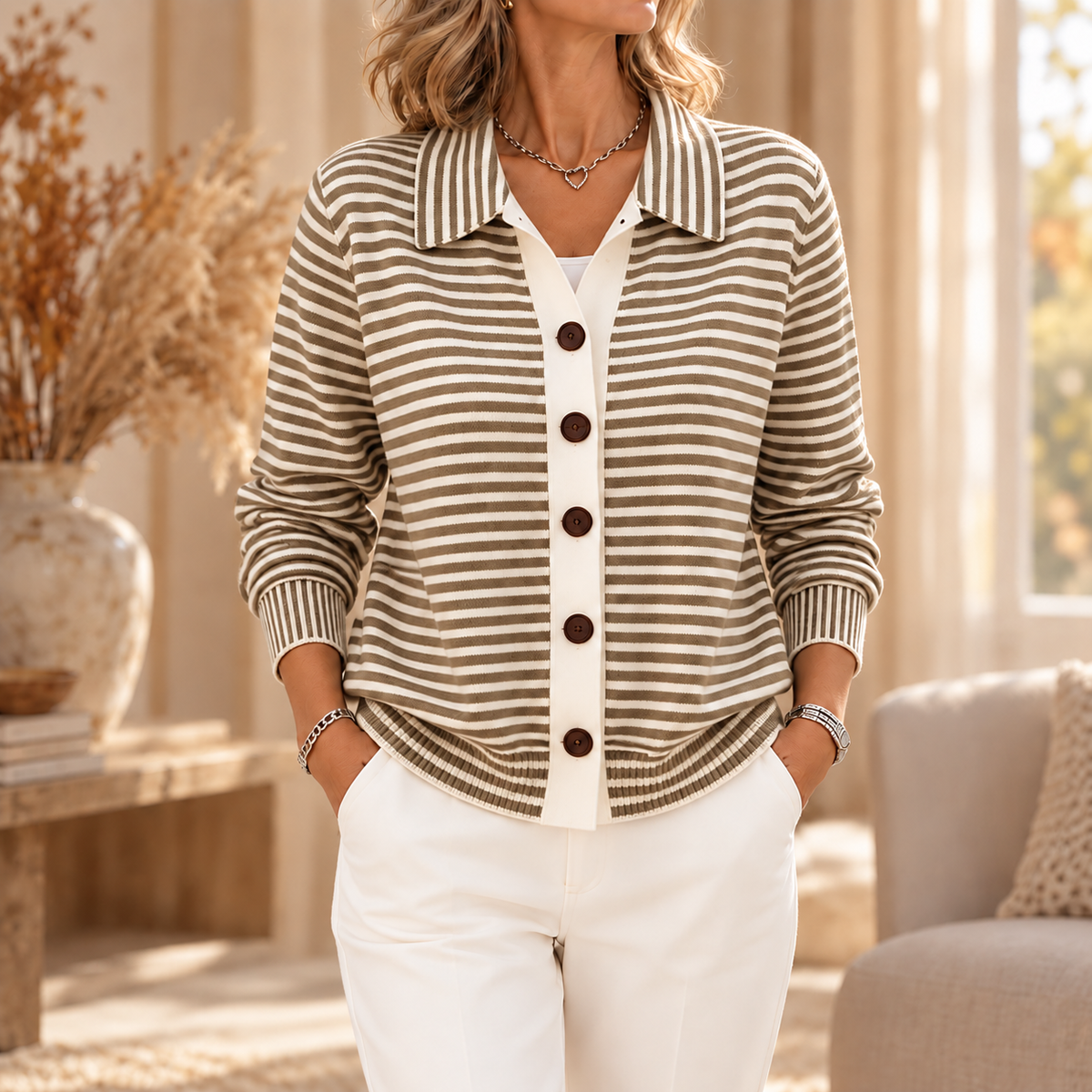 Cheryl™ | Striped Cardigan with Collar and Buttons