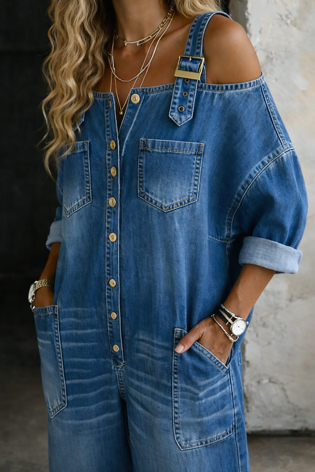 Sophia™ | Denim Jumpsuit with Off-Shoulder Design