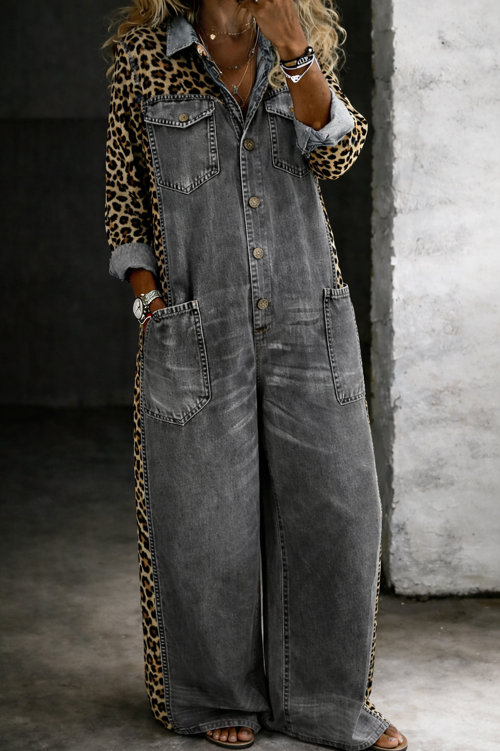 Amanda | Leopard Contrast Wide-Leg Denim Jumpsuit
