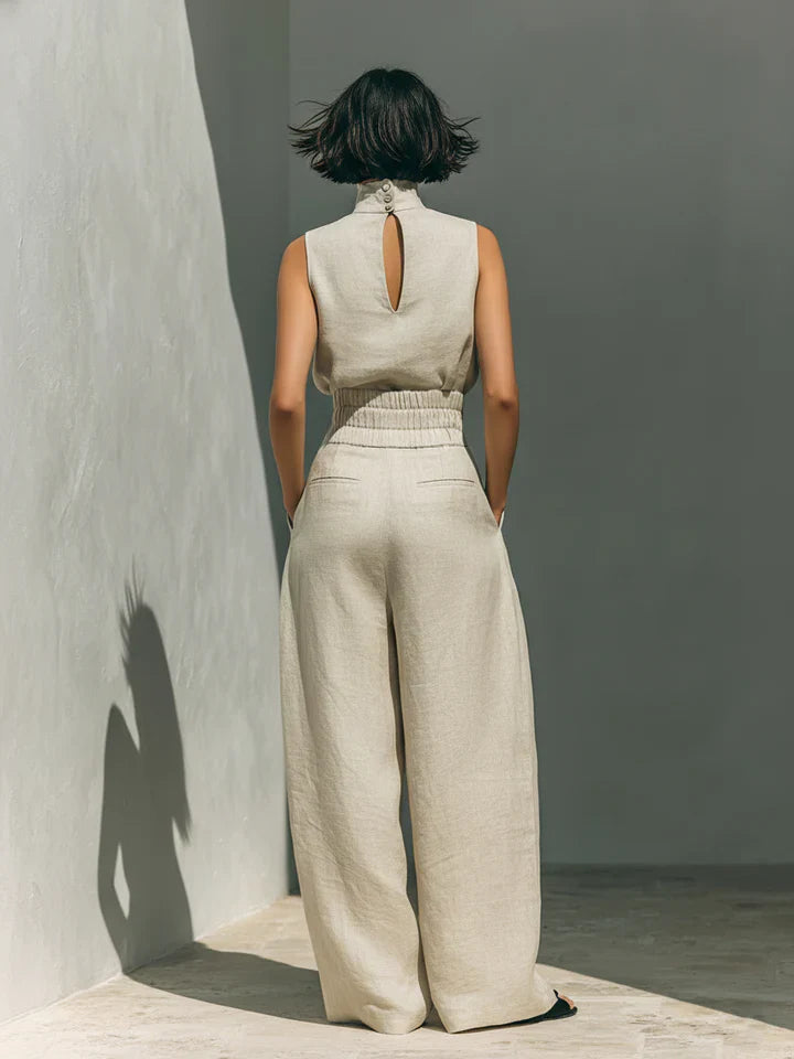 Flor™ | Minimalist Set of Sleeveless Blouse and Wide-Leg Pants in Cotton and Linen for Women