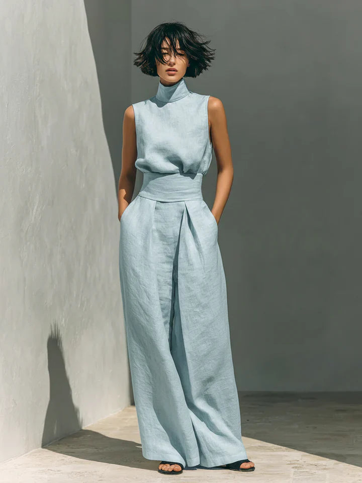 Flor™ | Minimalist Set of Sleeveless Blouse and Wide-Leg Pants in Cotton and Linen for Women