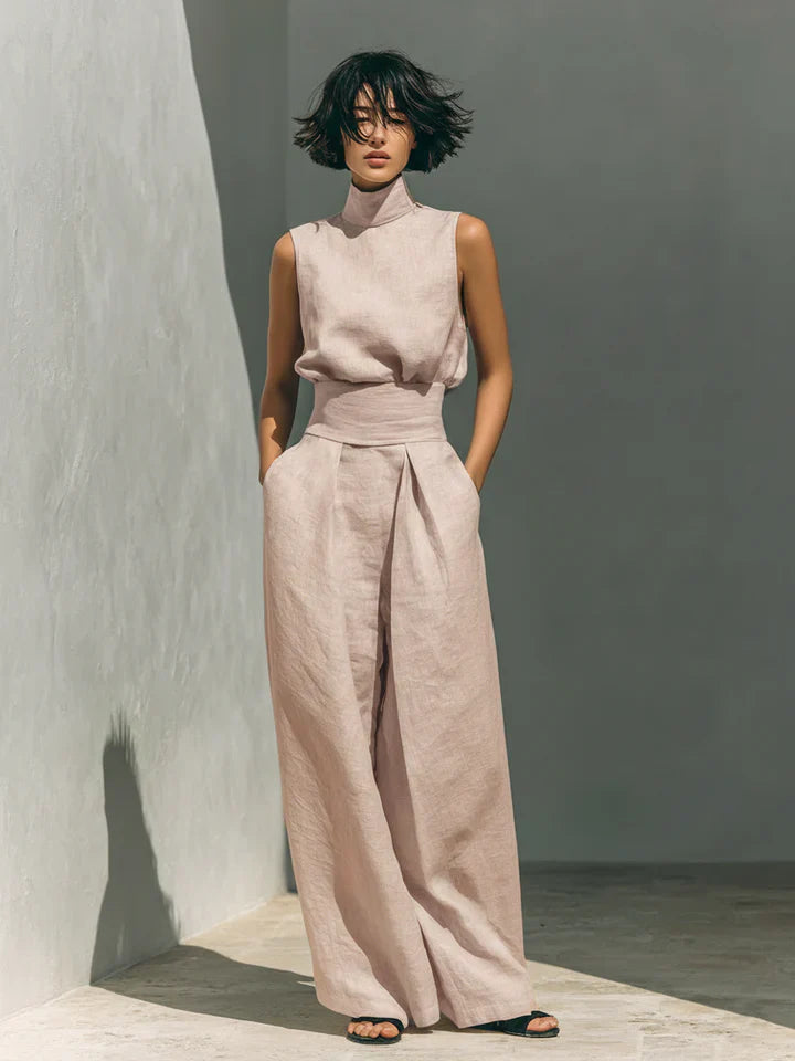Flor™ | Minimalist Set of Sleeveless Blouse and Wide-Leg Pants in Cotton and Linen for Women