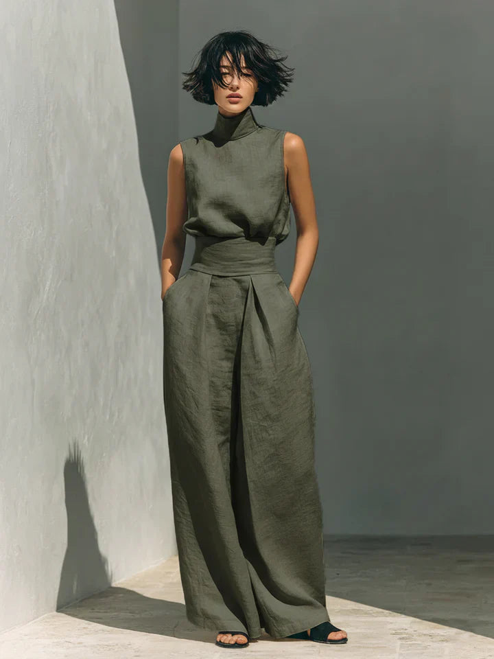 Flor™ | Minimalist Set of Sleeveless Blouse and Wide-Leg Pants in Cotton and Linen for Women