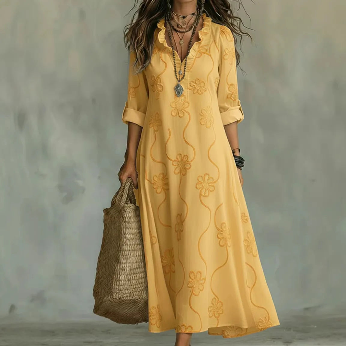Ellie™ | Floral Tummy-Flattering Maxi Dress with Embroidery