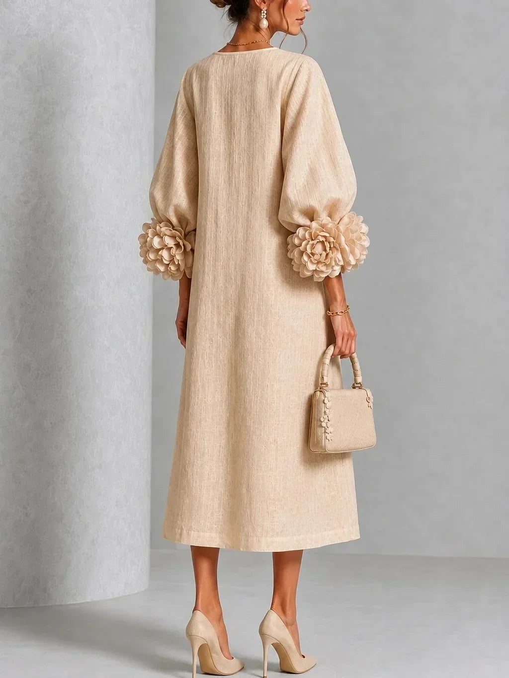 Lily™ | Elegant Tummy-Flattering Midi Dress with Floral Sleeves