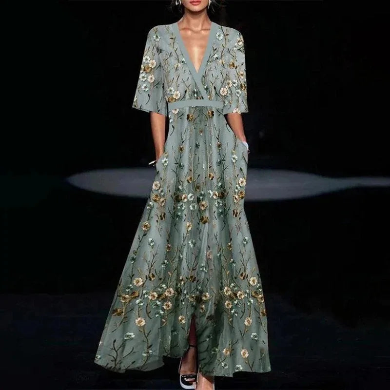 Hazel™ | Floral Maxi Dress with Belt and V-Neck