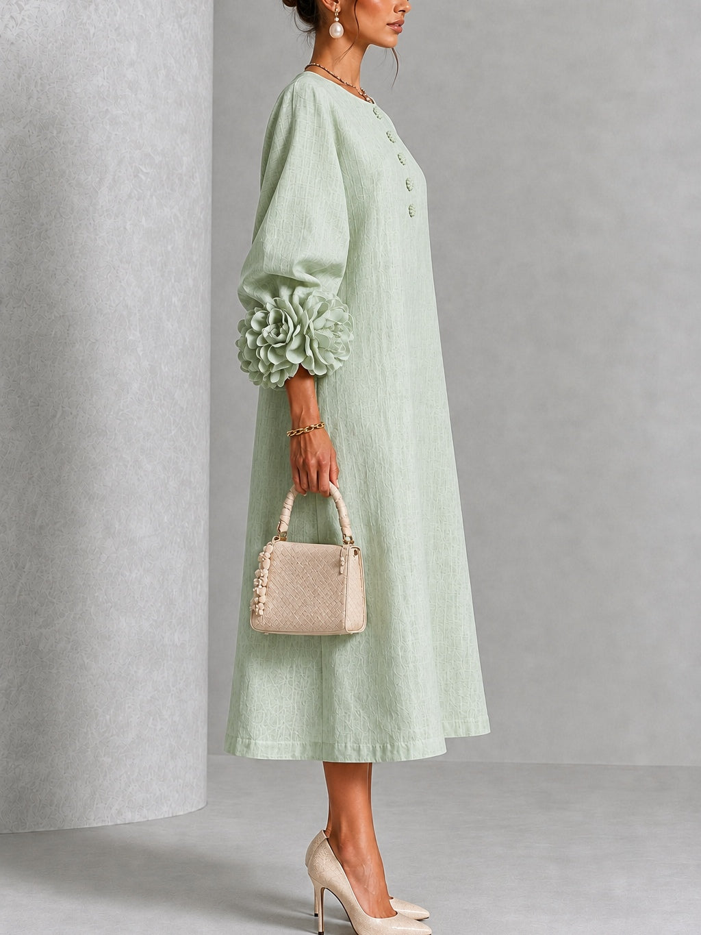 Greta | Midi Dress in Linen Blend with Rose Cuffs, Sage Green