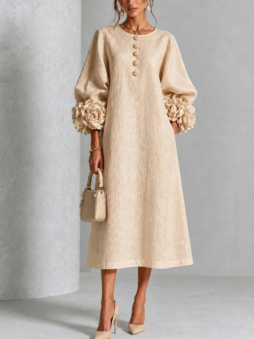Lily™ | Elegant Tummy-Flattering Midi Dress with Floral Sleeves