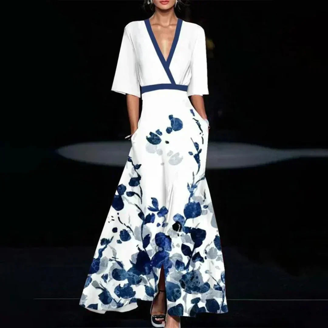 Hazel™ | Floral Maxi Dress with Belt and V-Neck