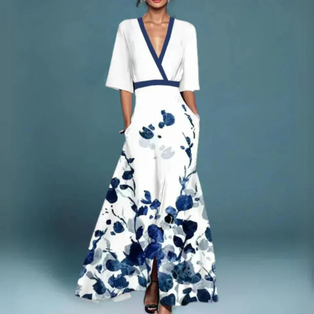 Hazel™ | Floral Maxi Dress with Belt and V-Neck