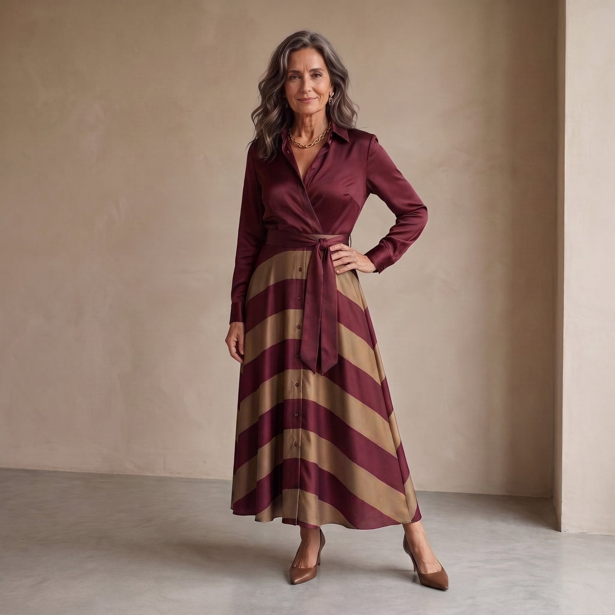Sandra™ | Elegant Tummy-Control Striped Maxi Dress with Belt