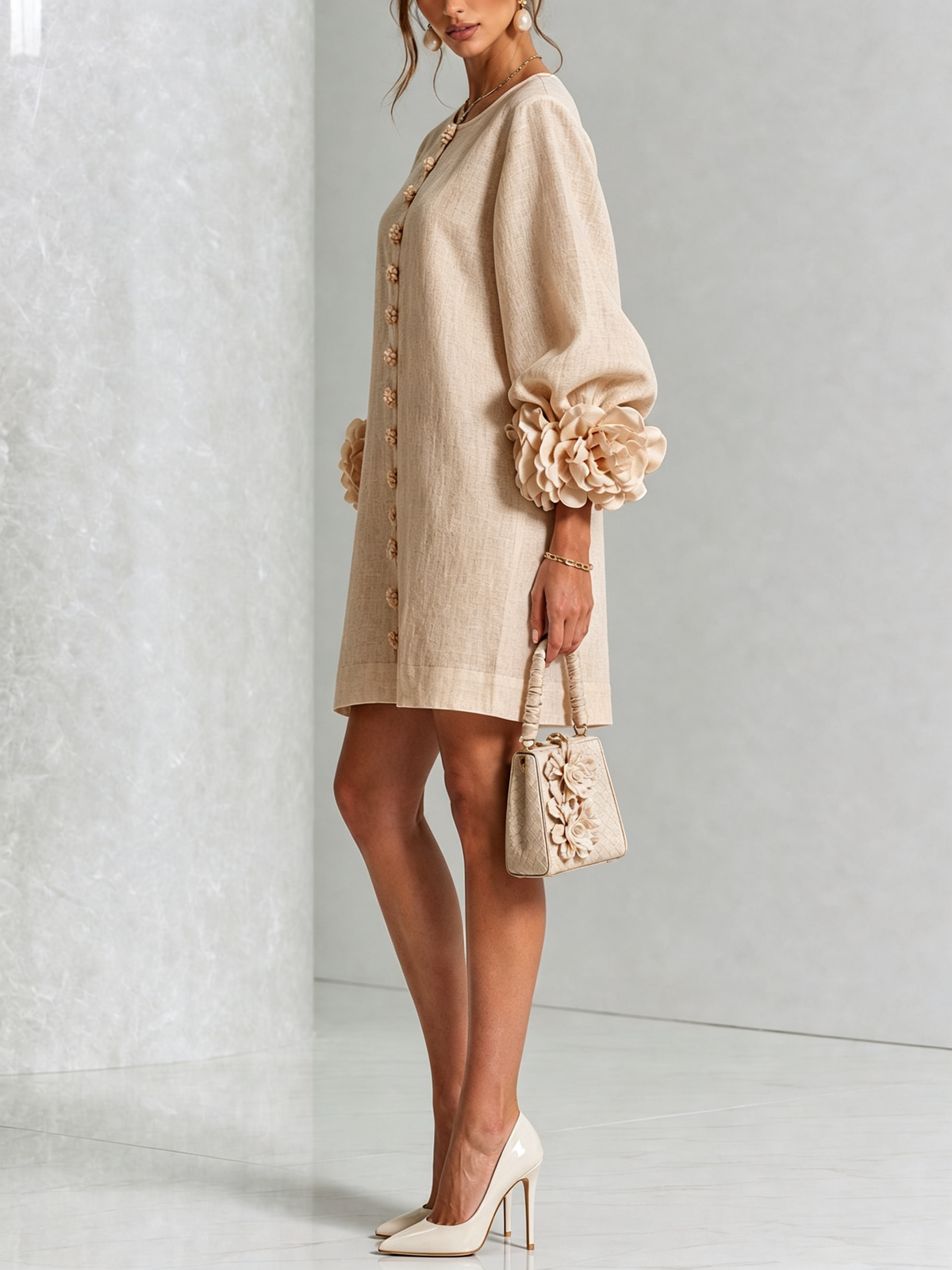 Ambra | Mini Dress in Linen Blend with Rose Cuffs, Beige
