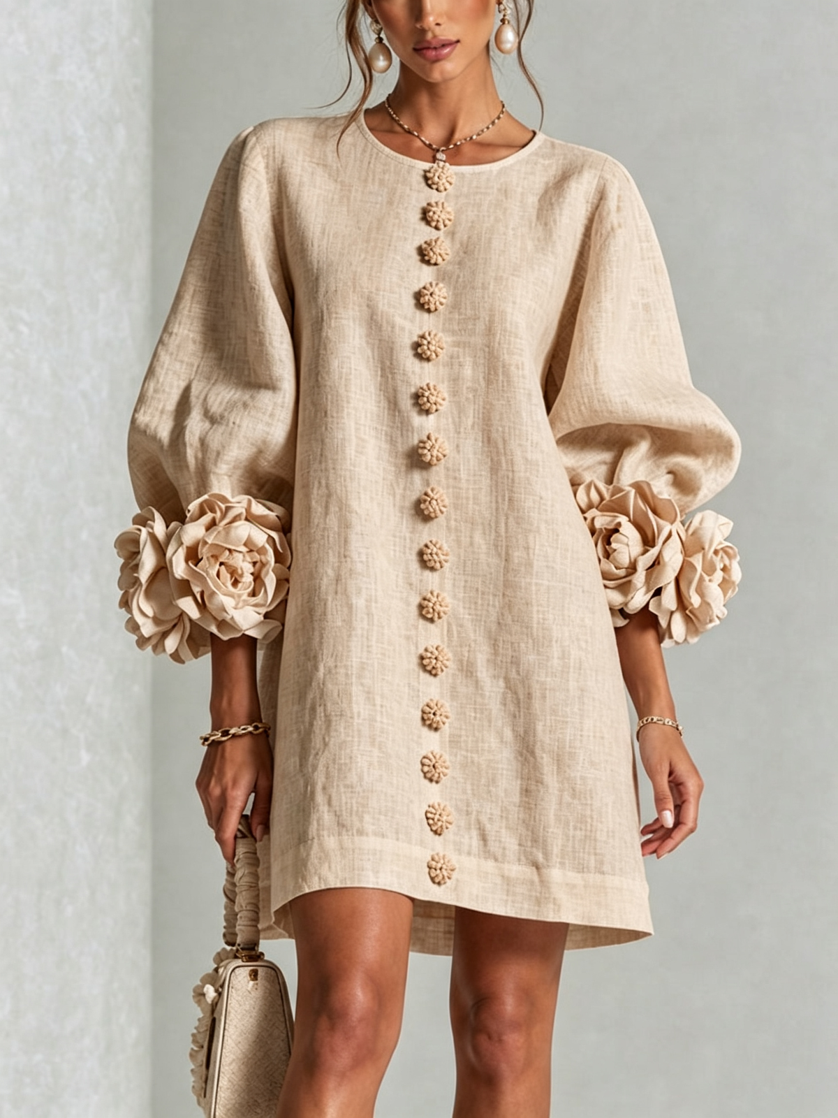 Ambra | Mini Dress in Linen Blend with Rose Cuffs, Beige