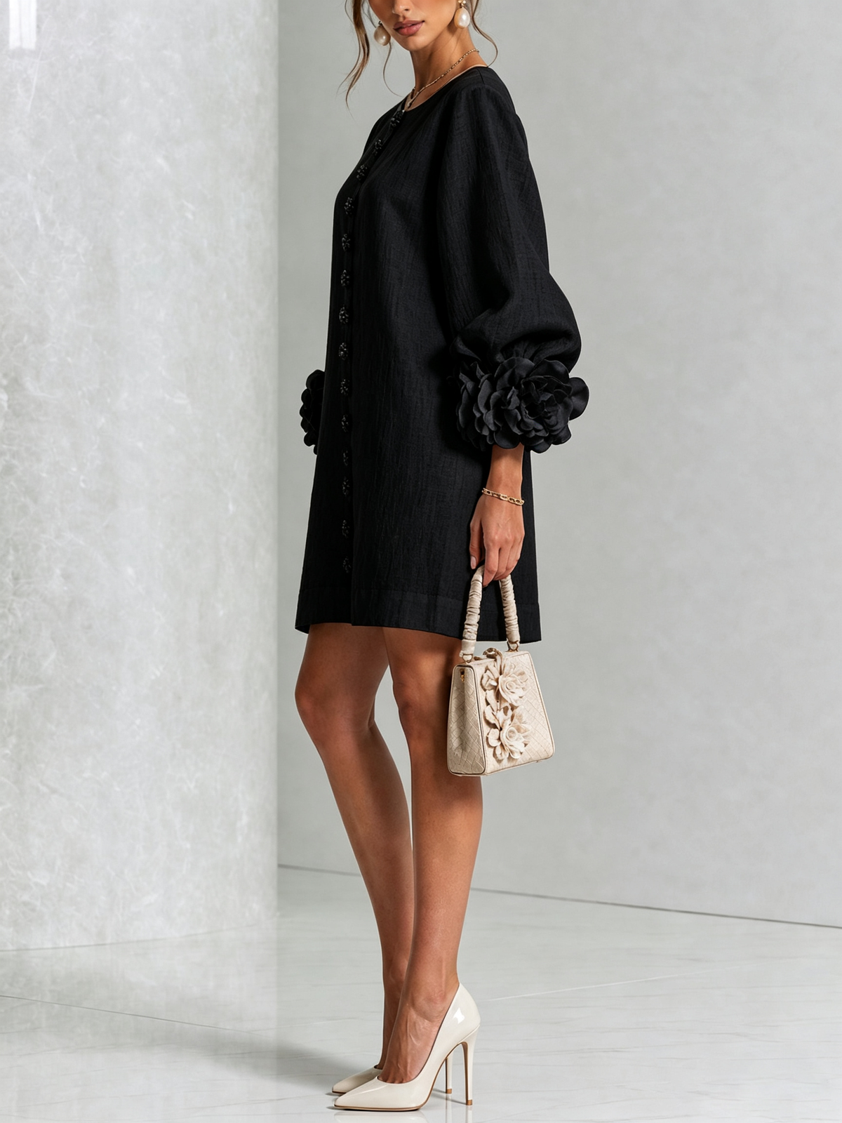 Cecilia | Mini Dress in Linen Blend with Rose Cuffs, Black
