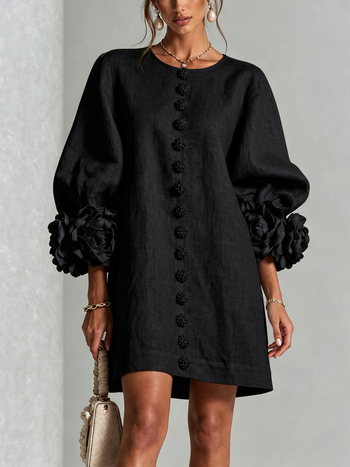 Cecilia | Mini Dress in Linen Blend with Rose Cuffs, Black