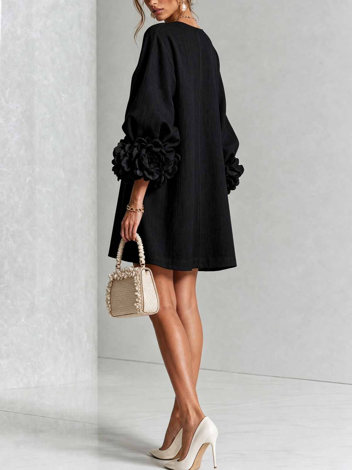 Cecilia | Mini Dress in Linen Blend with Rose Cuffs, Black