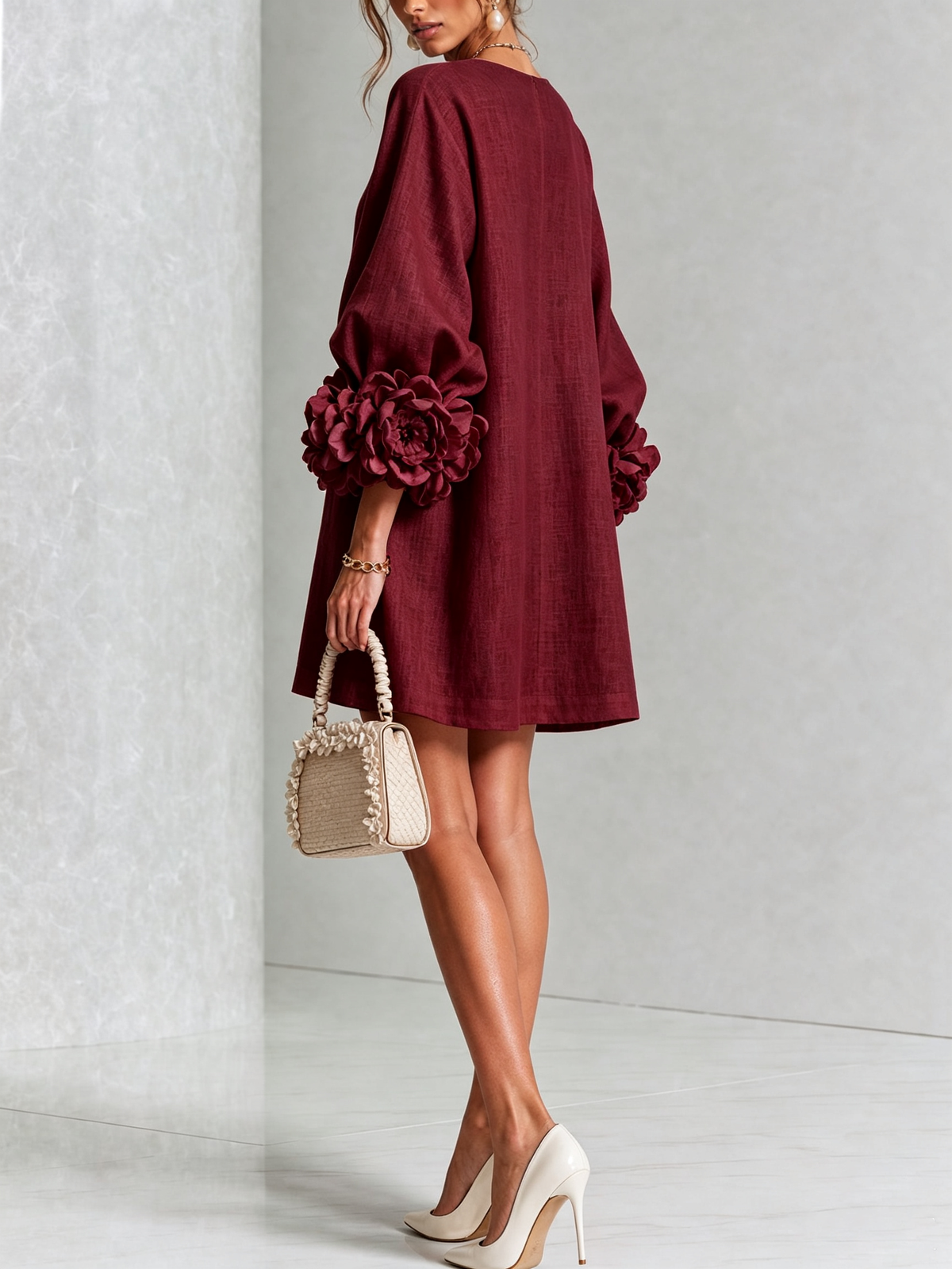 Ilaria | Mini Dress in Linen Blend with Rose Cuffs, Bordeaux