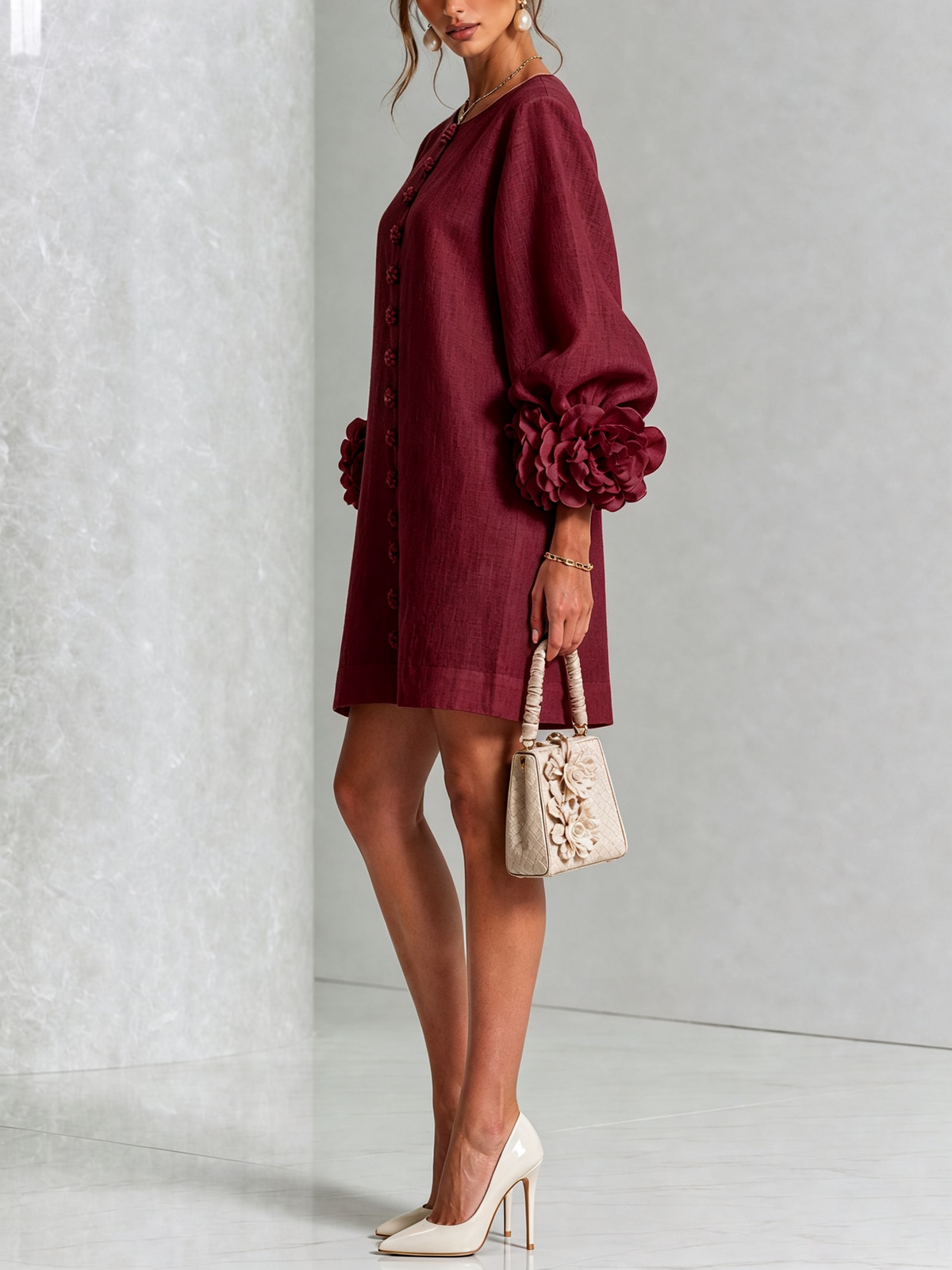 Ilaria | Mini Dress in Linen Blend with Rose Cuffs, Bordeaux