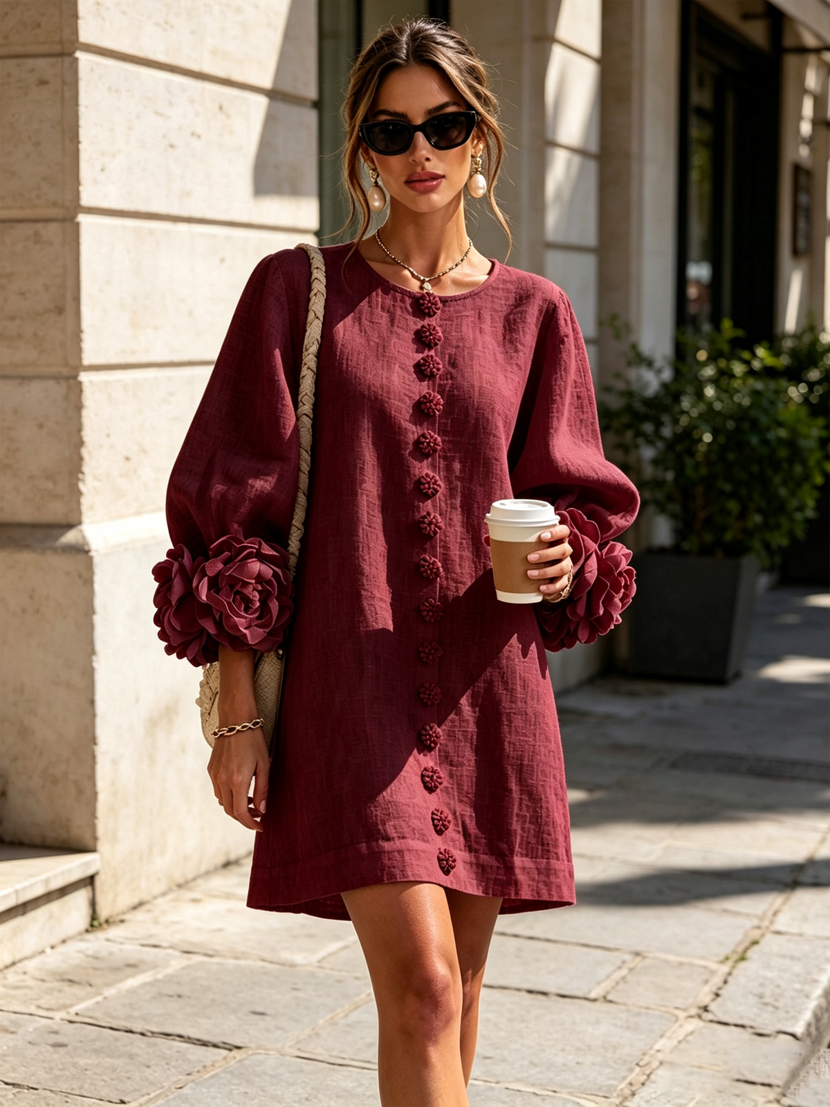 Ilaria | Mini Dress in Linen Blend with Rose Cuffs, Bordeaux