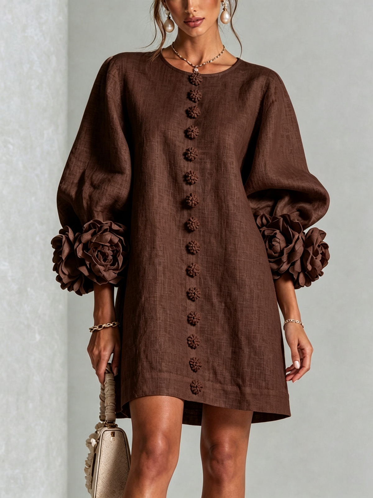 Bruna | Mini Dress in Linen Blend with Rose Cuffs, Chocolate Brown