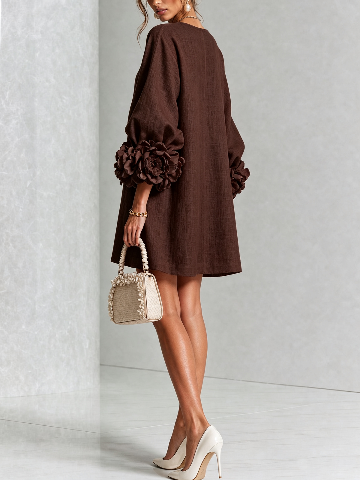 Bruna | Mini Dress in Linen Blend with Rose Cuffs, Chocolate Brown