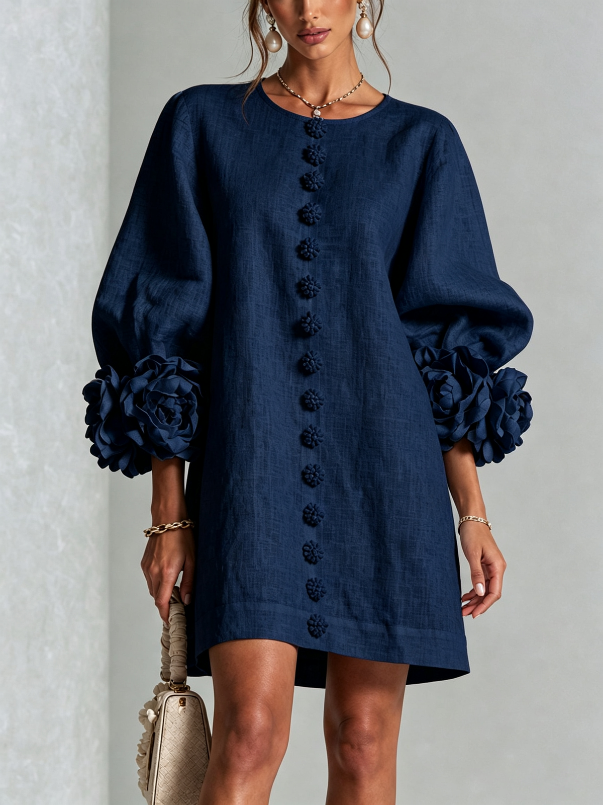Marina | Mini Dress in Linen Blend with Rose Cuffs, Navy Blue