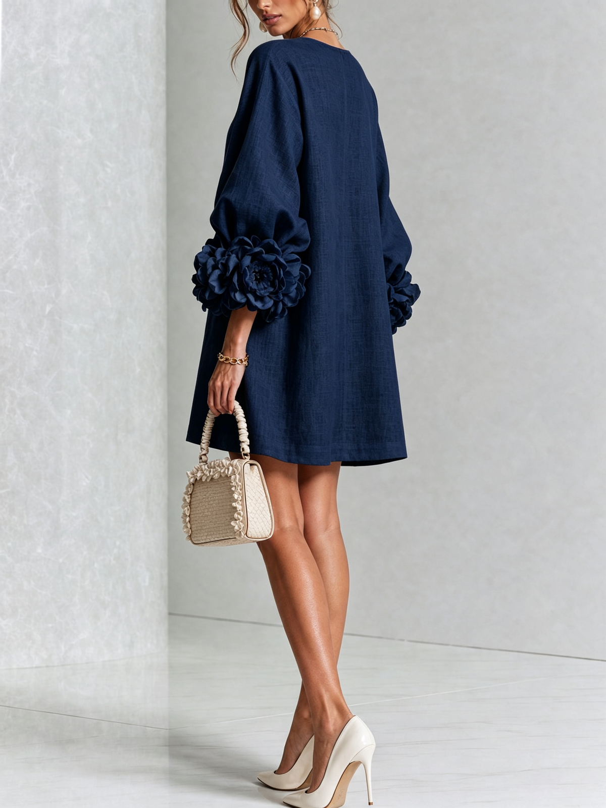 Marina | Mini Dress in Linen Blend with Rose Cuffs, Navy Blue