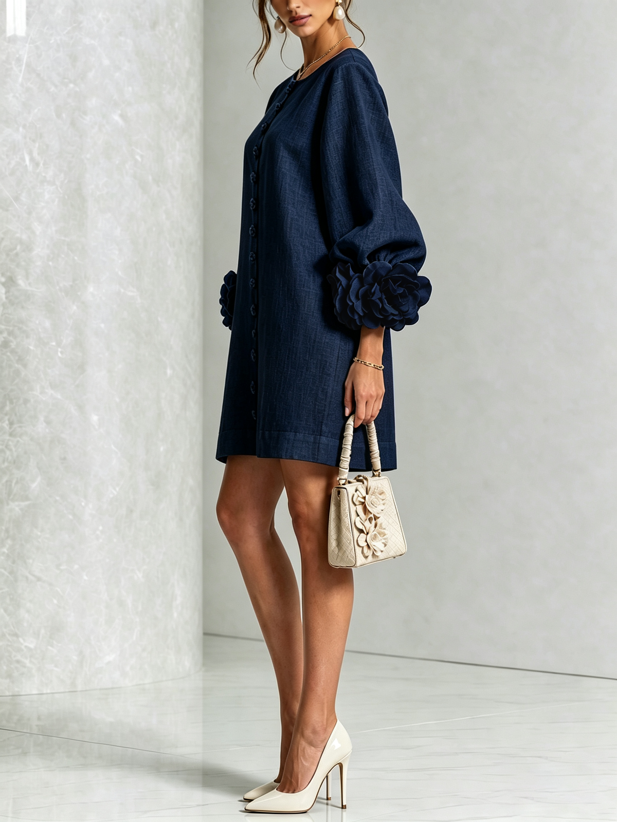 Marina | Mini Dress in Linen Blend with Rose Cuffs, Navy Blue