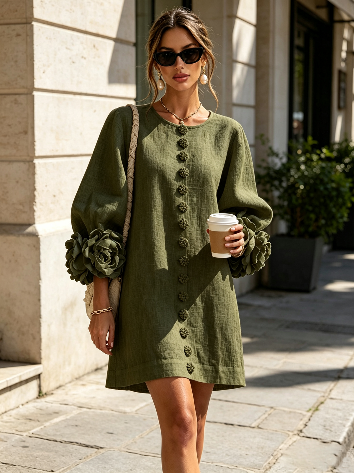 Gaia | Mini Dress in Linen Blend with Rose Cuffs, Olive Green