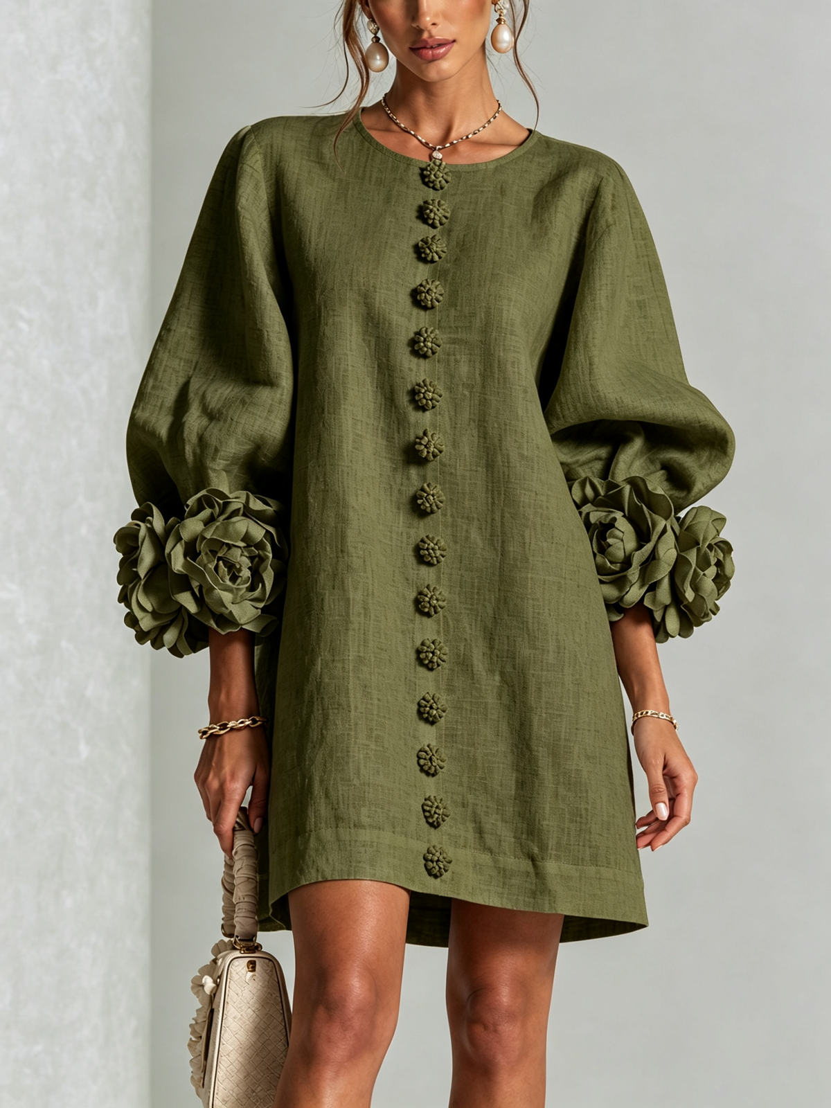 Gaia | Mini Dress in Linen Blend with Rose Cuffs, Olive Green