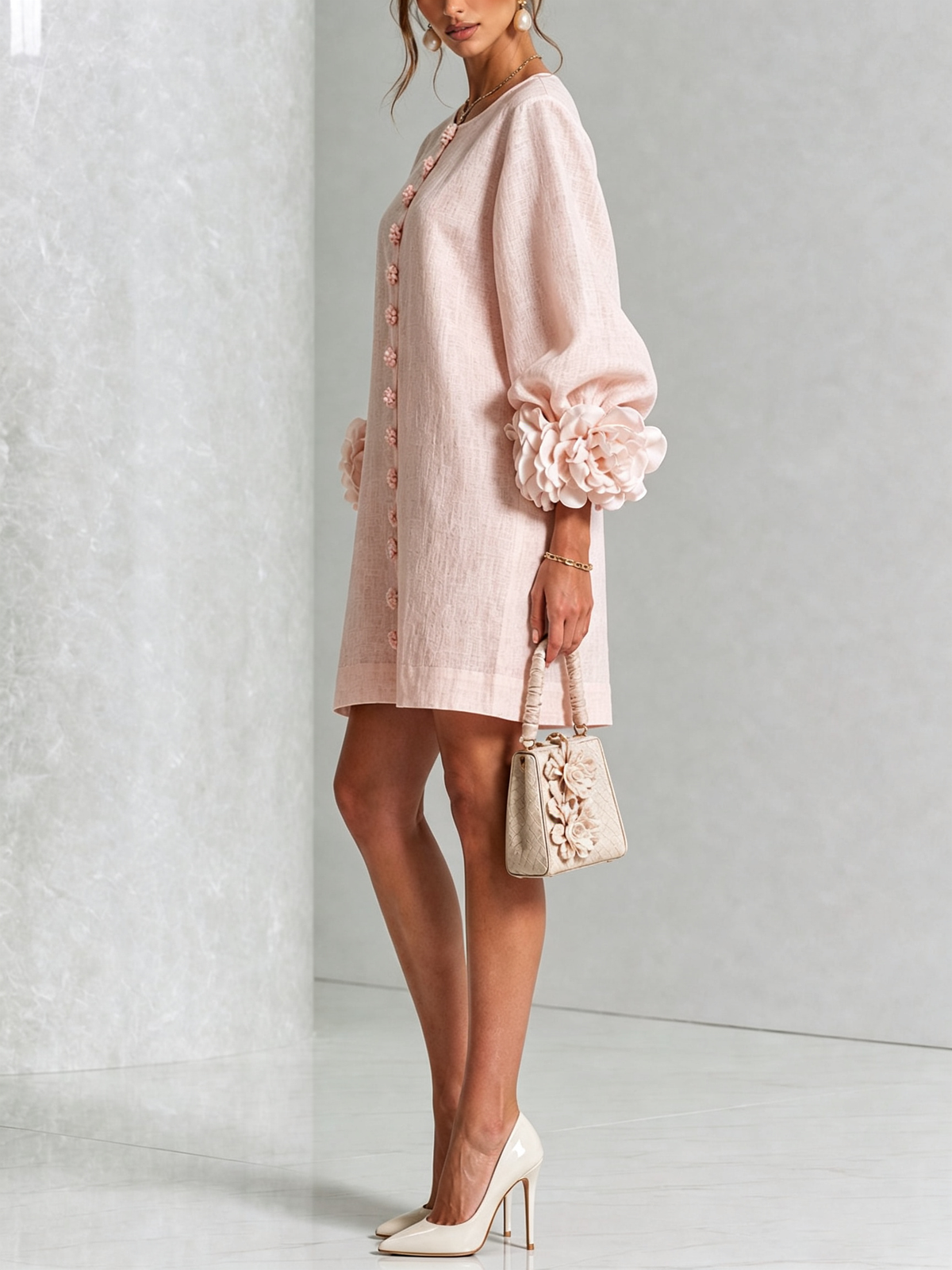 Noemi | Mini Dress in Linen Blend with Rose Cuffs, Pink