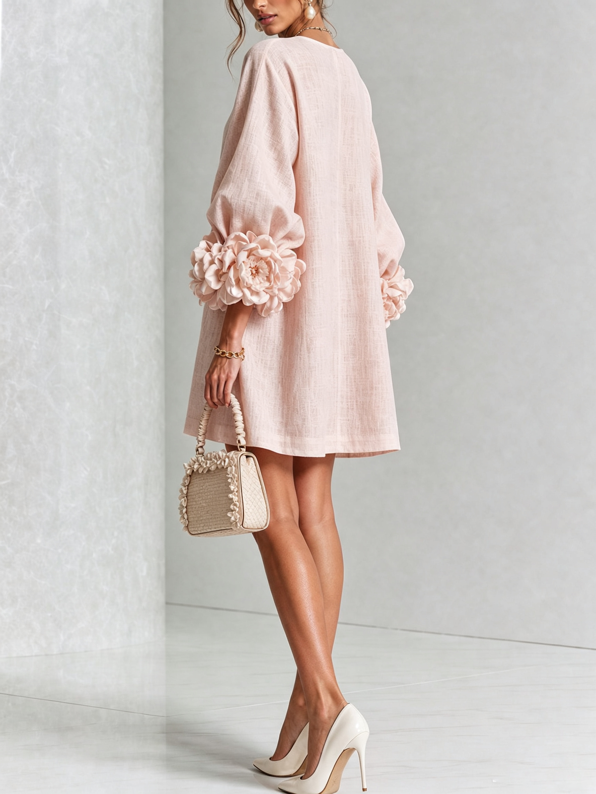 Noemi | Mini Dress in Linen Blend with Rose Cuffs, Pink