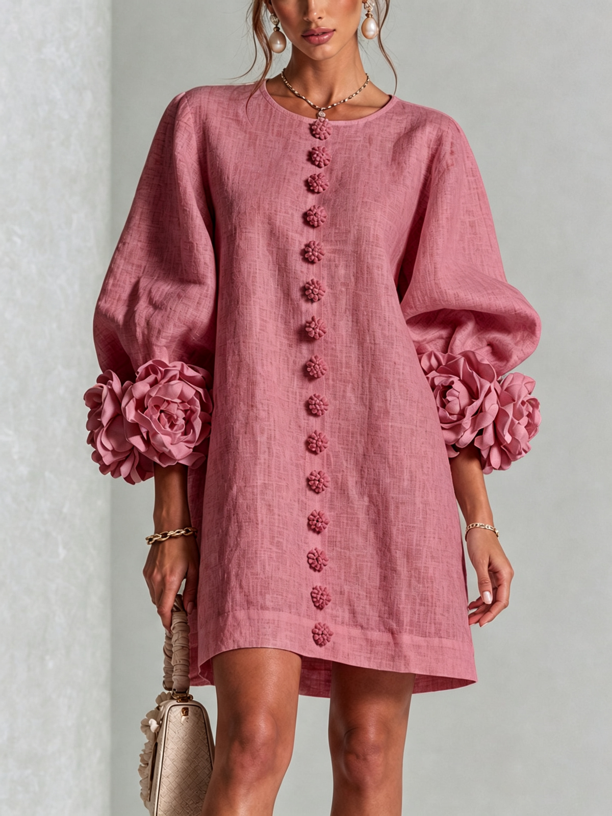 Alba | Mini Dress in Linen Blend with Rose Cuffs, Antique Pink