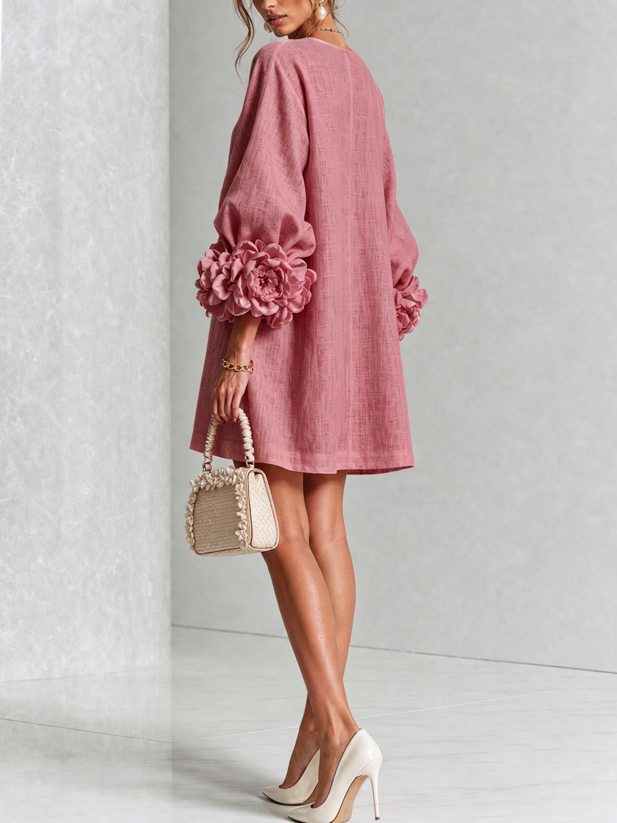 Alba | Mini Dress in Linen Blend with Rose Cuffs, Antique Pink