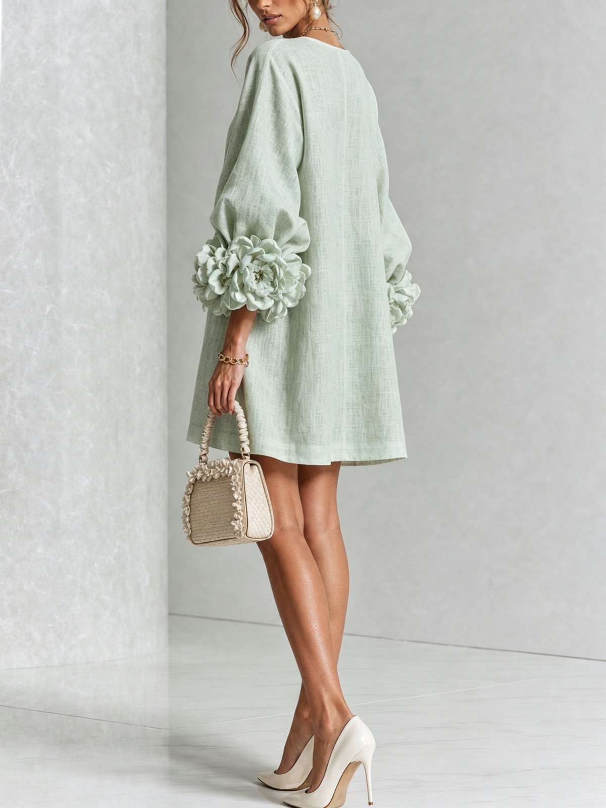 Delia | Mini Dress in Linen Blend with Rose Cuffs, Sage Green