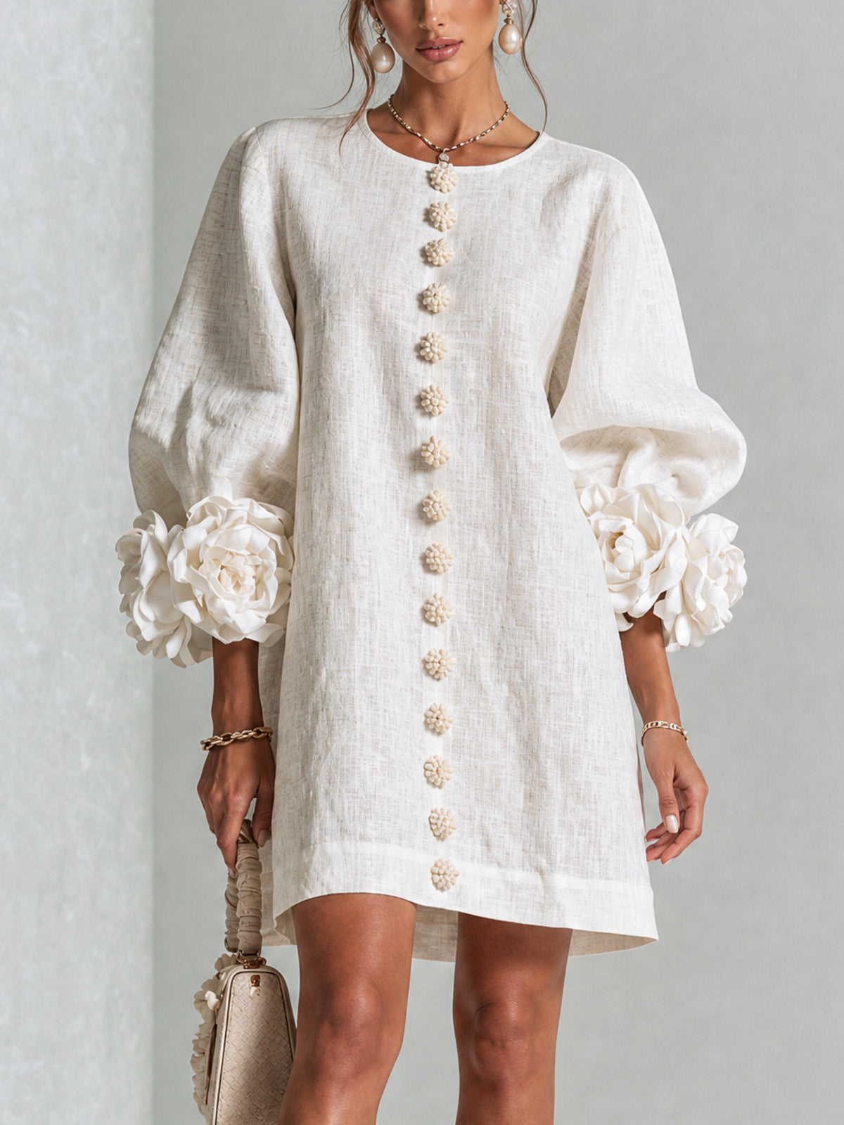 Chiara | Mini Dress in Linen Blend with Rose Cuffs, White